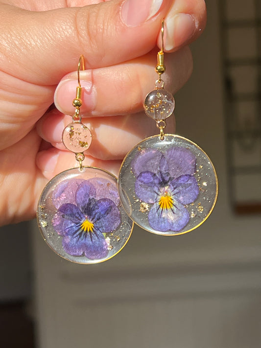 Dark Purple Pansy Resin Earrings  - Monochrome
