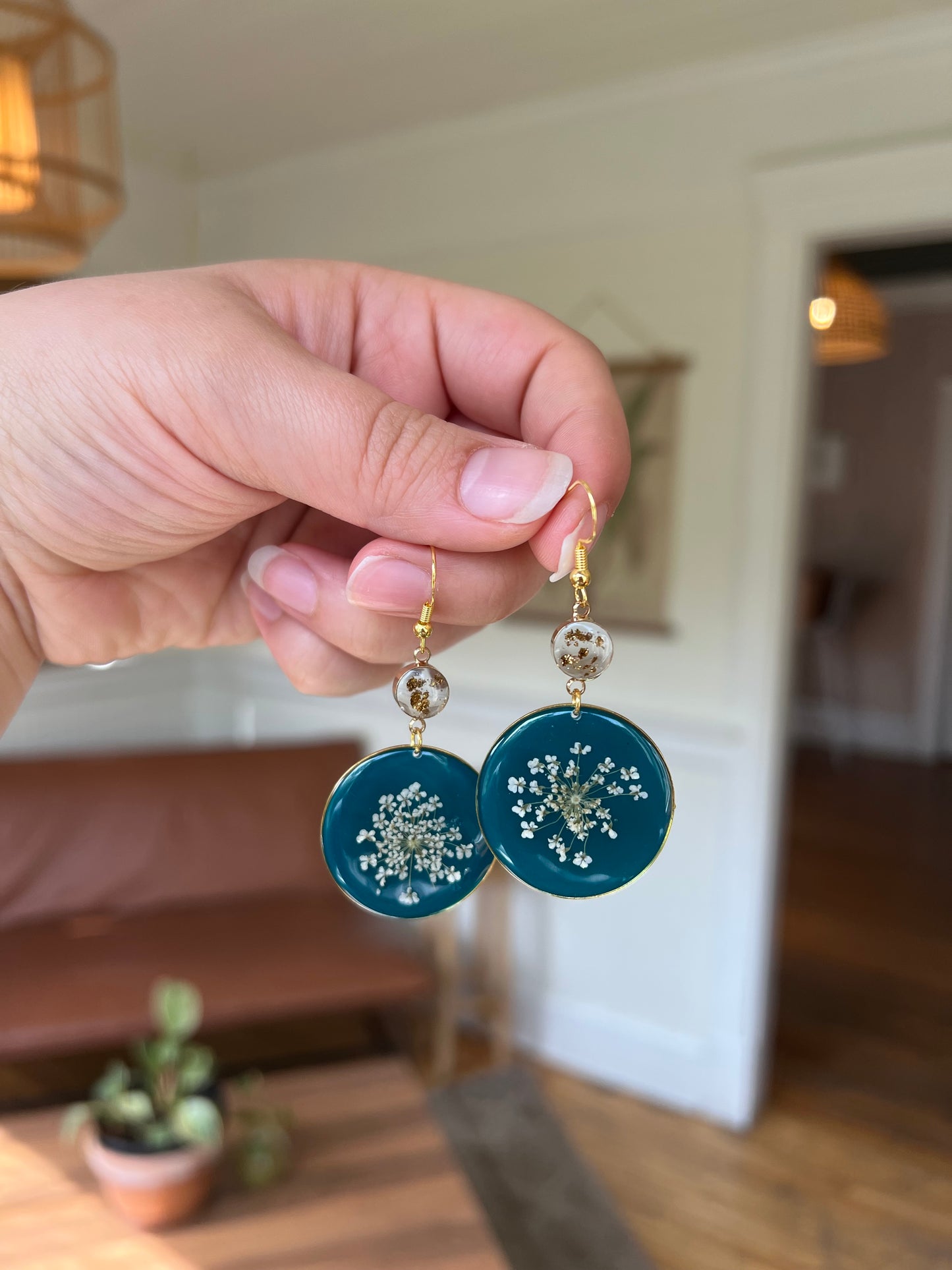 Teal Tinted Queen Anne’s Lace Earrings