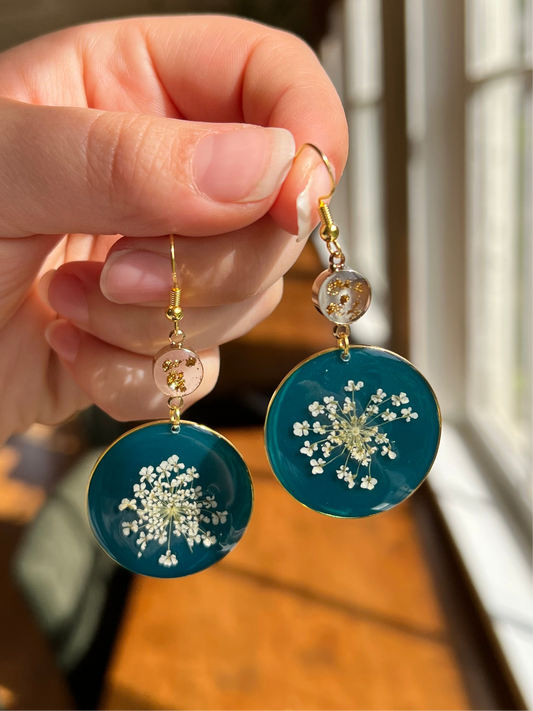 Teal Tinted Queen Anne’s Lace Earrings