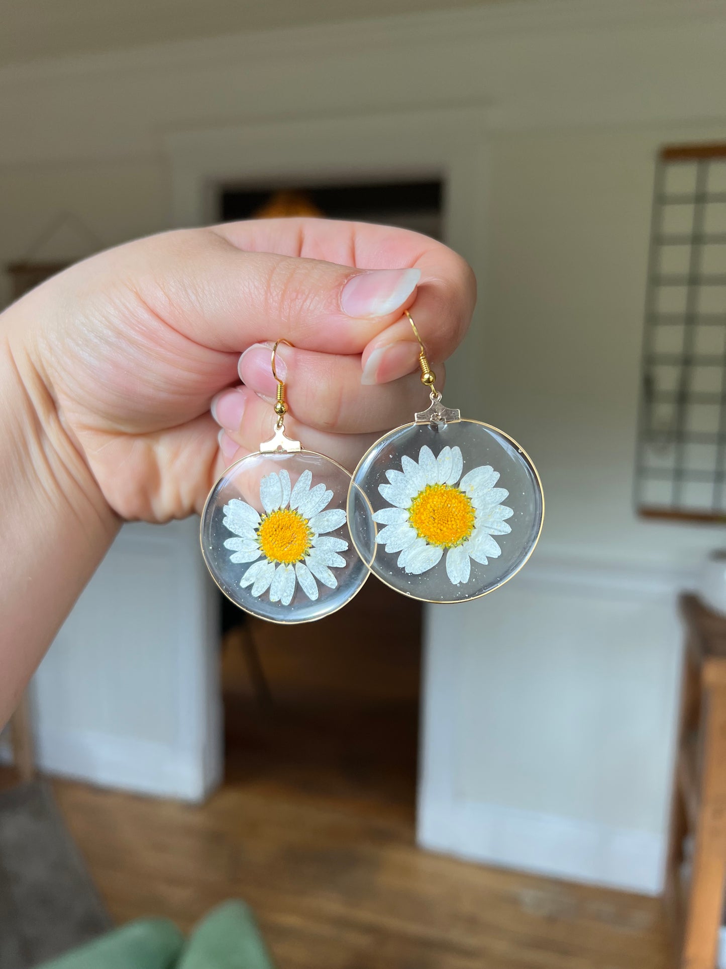 Large Gold Daisy Resin Earrings