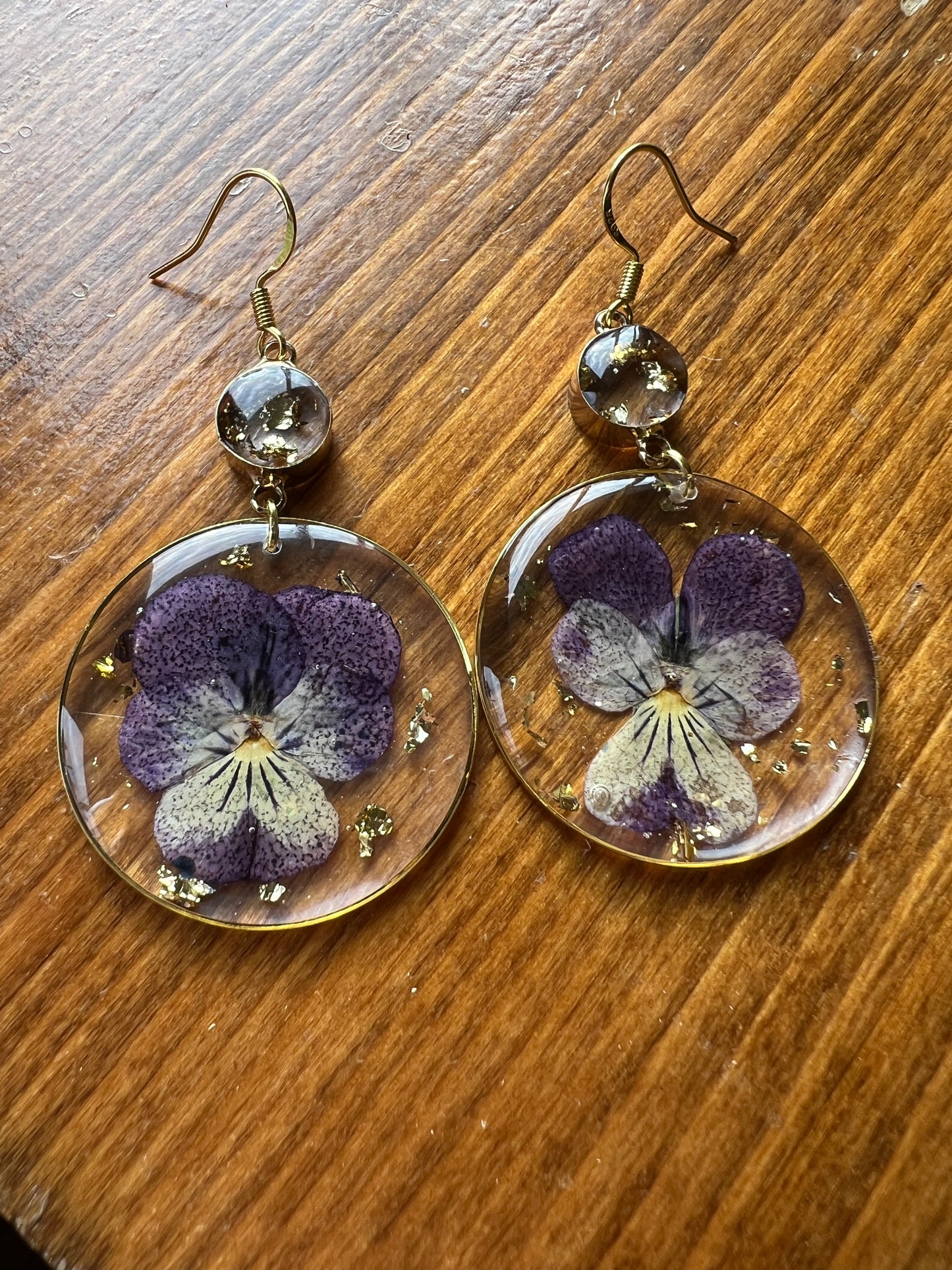 Pansy & Gold Flake Resin Earrings