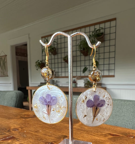 Pearl White & Gold Flake Floral Earrings