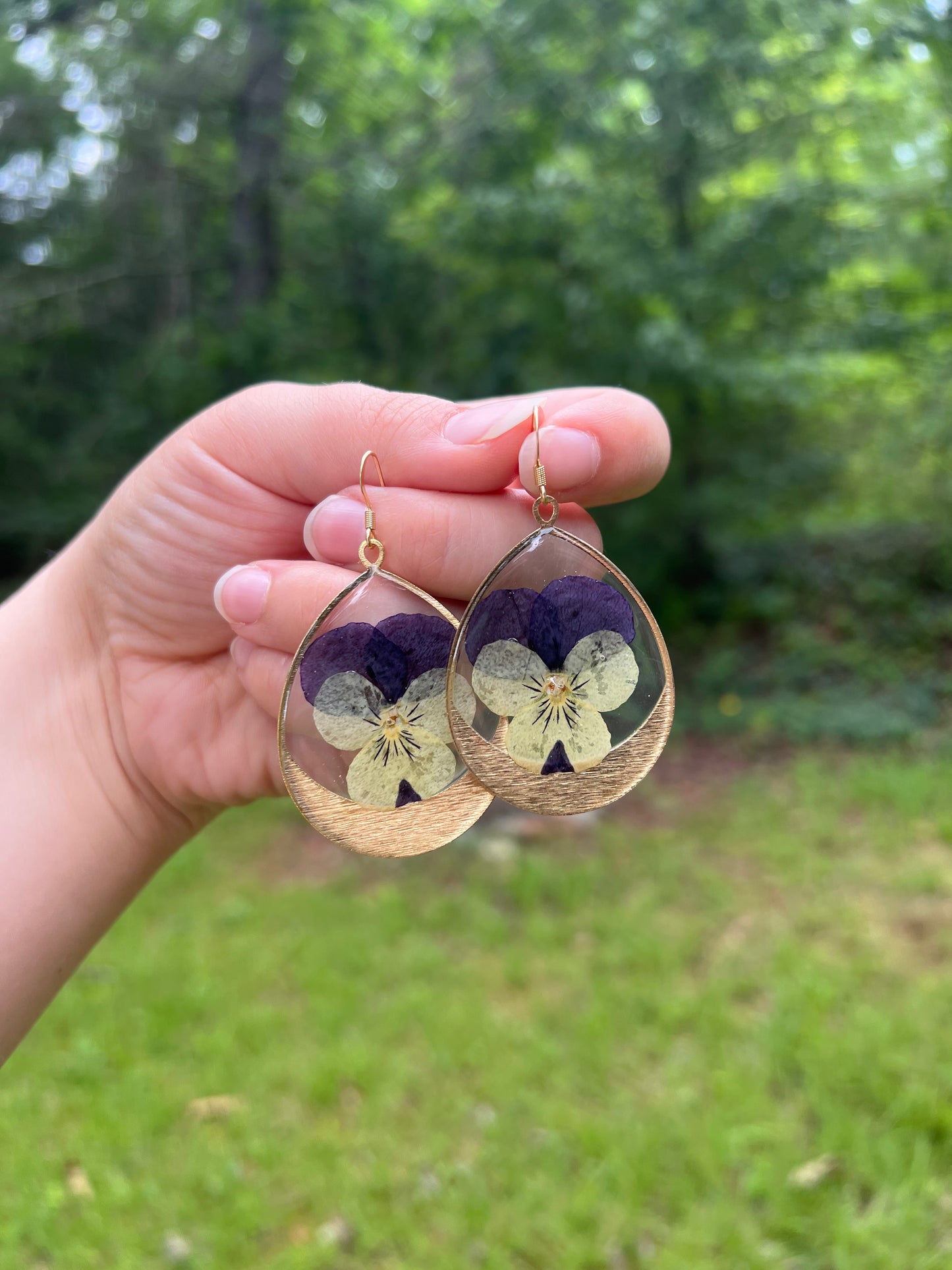 Large Brass Pansy Resin Drop Earrings