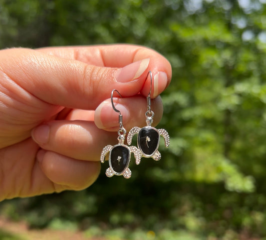Opaque Black Turtle Earrings with Queen Anne's Lace