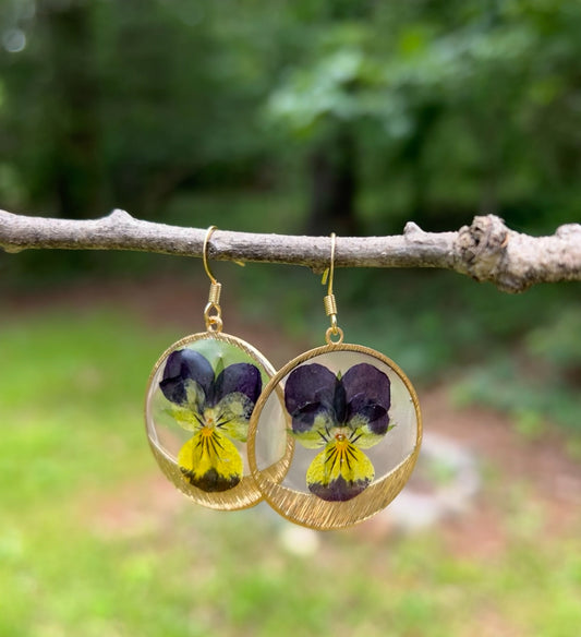 Pansy Bloom Brass Circle Earrings