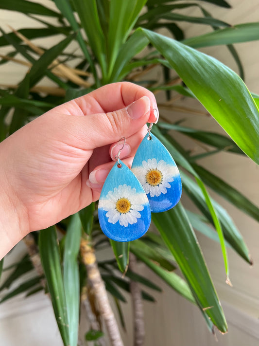 Blue Wooden Daisy Earrings