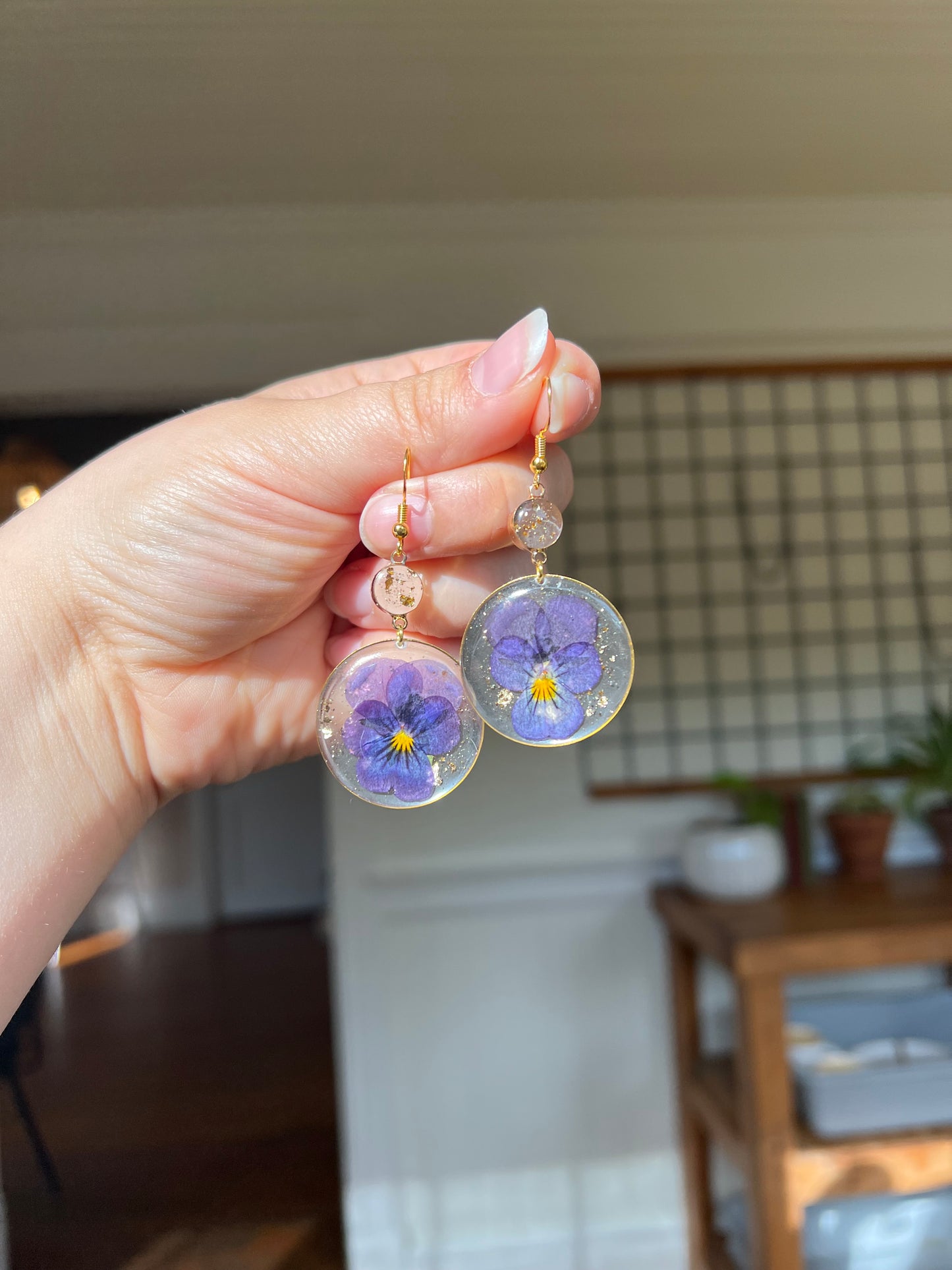 Dark Purple Pansy Resin Earrings  - Monochrome