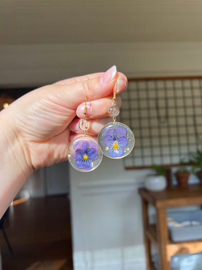 Dark Purple Pansy Resin Earrings  - Monochrome