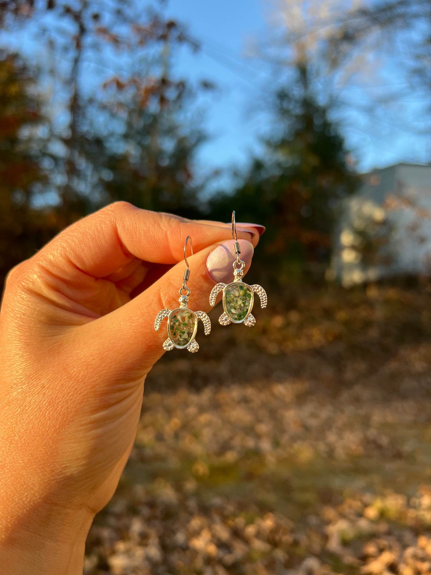 Silver Turtle Moss Agate Earrings