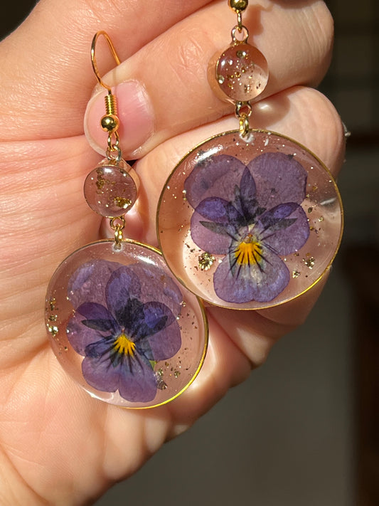 Dark Purple Pansy Resin Earrings  - Monochrome