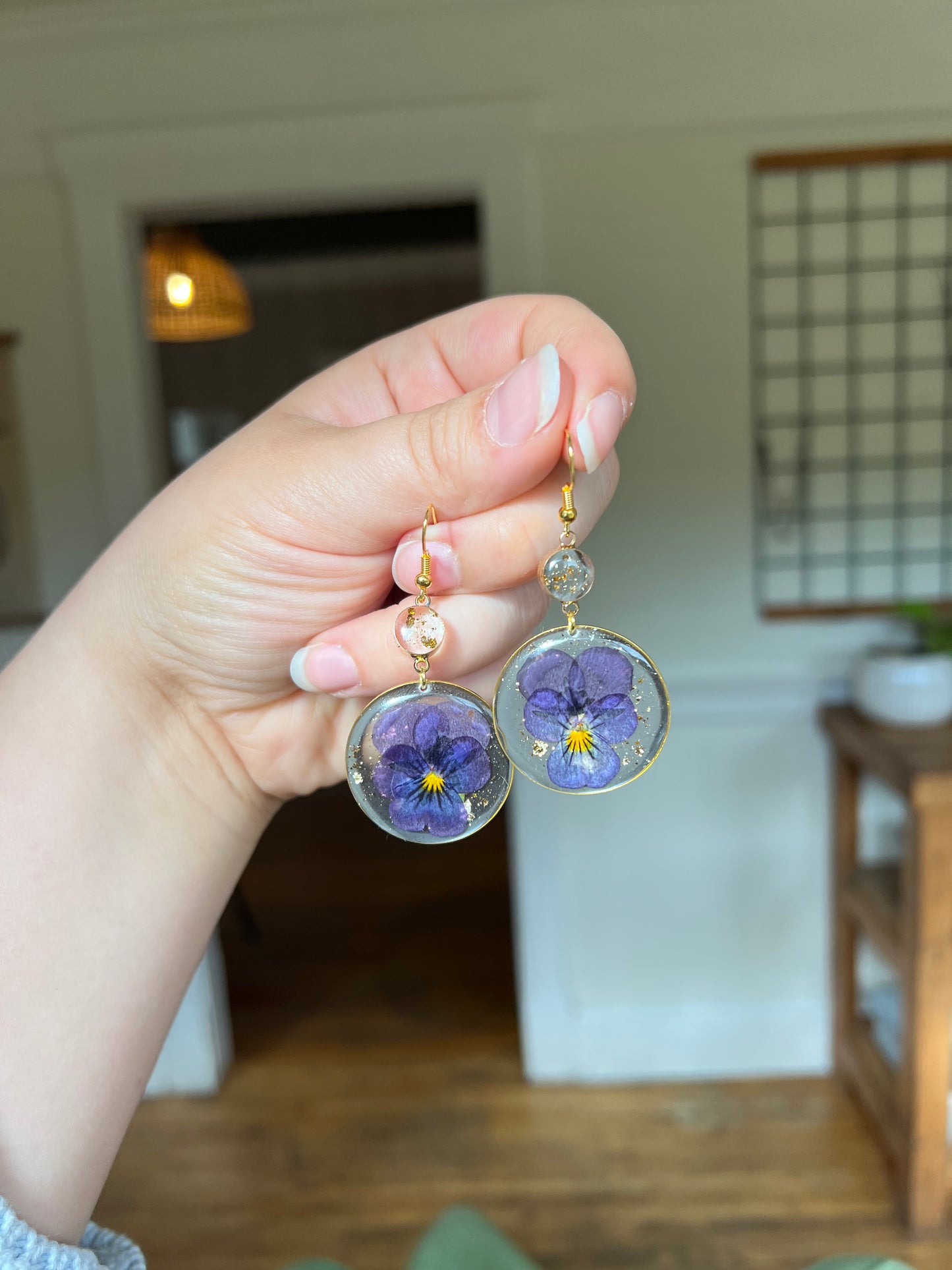 Dark Purple Pansy Resin Earrings  - Monochrome