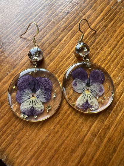 Pansy & Gold Flake Resin Earrings