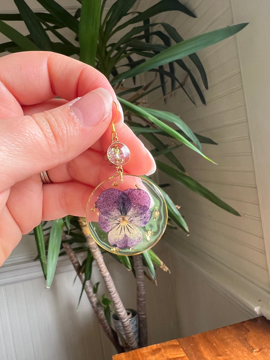Pansy & Gold Flake Resin Earrings