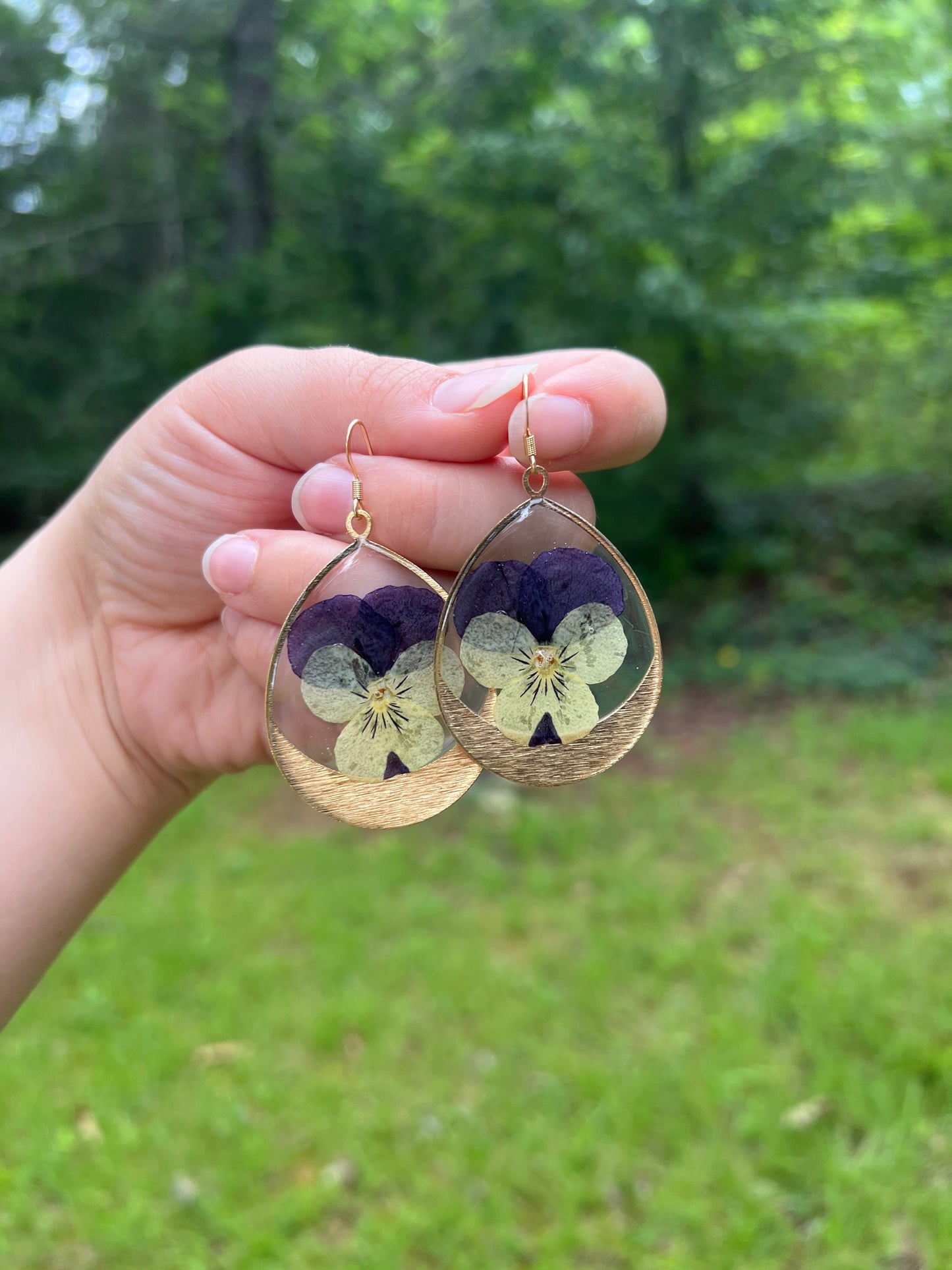 Large Brass Pansy Resin Drop Earrings