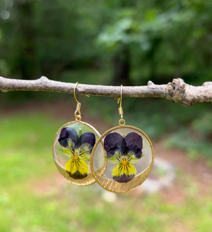 Pansy Bloom Brass Circle Earrings