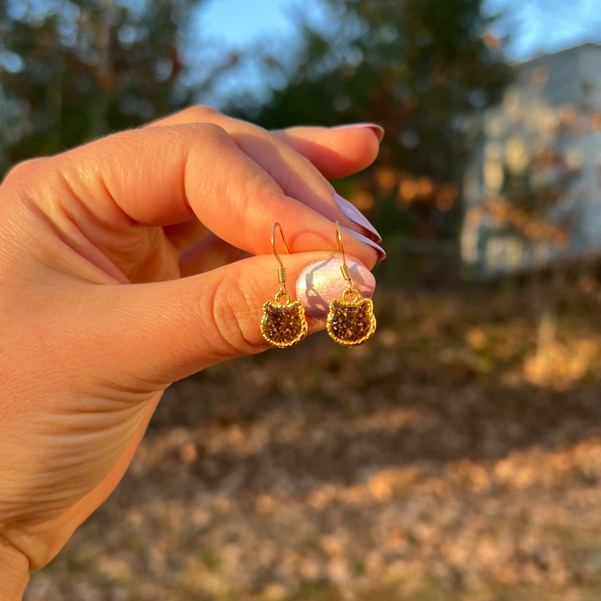 gemstone cat earrings, micro earrings. gold and brown