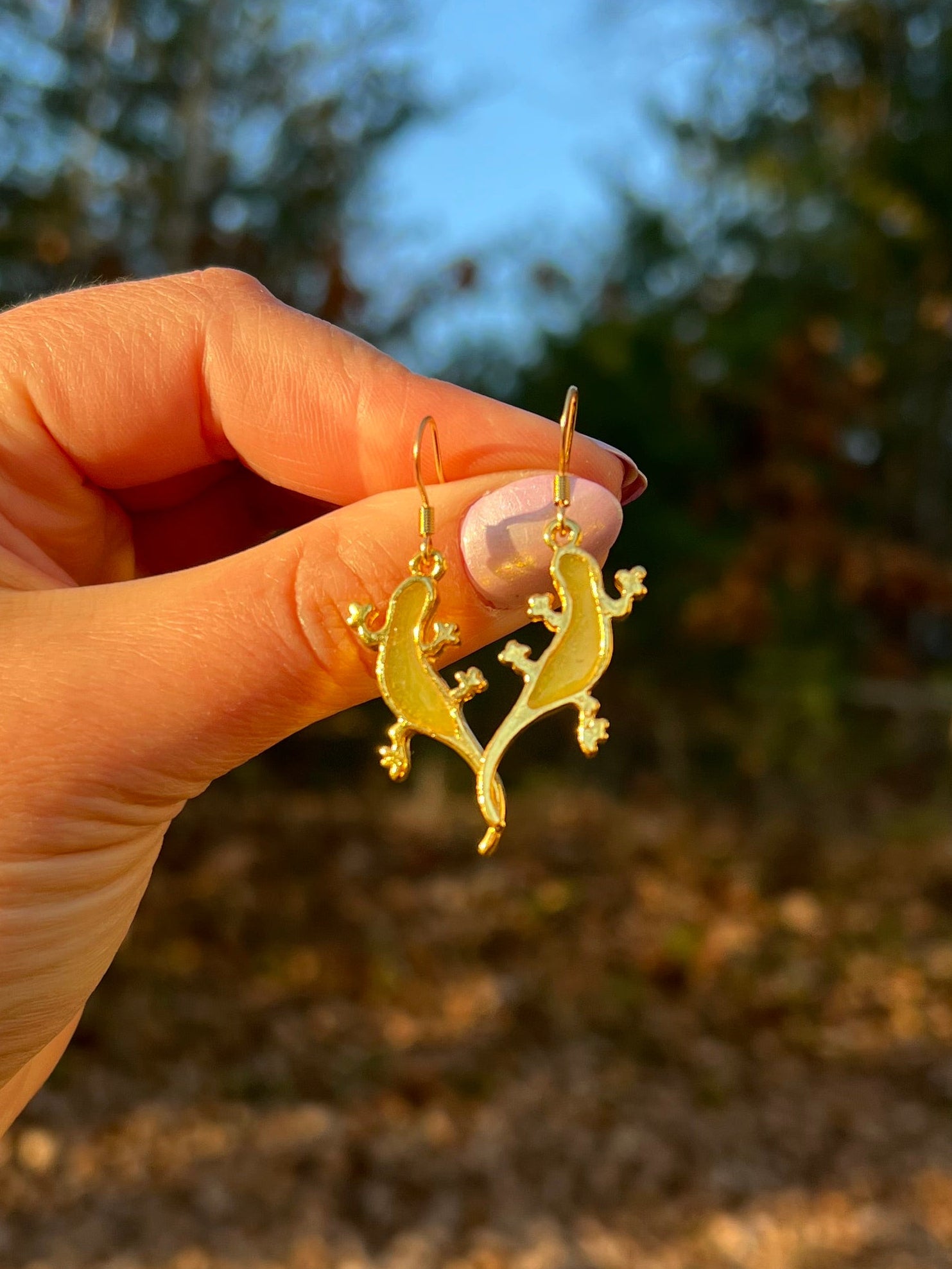 light green gemstone lizard earrings, gold with hypoallergenic hooks