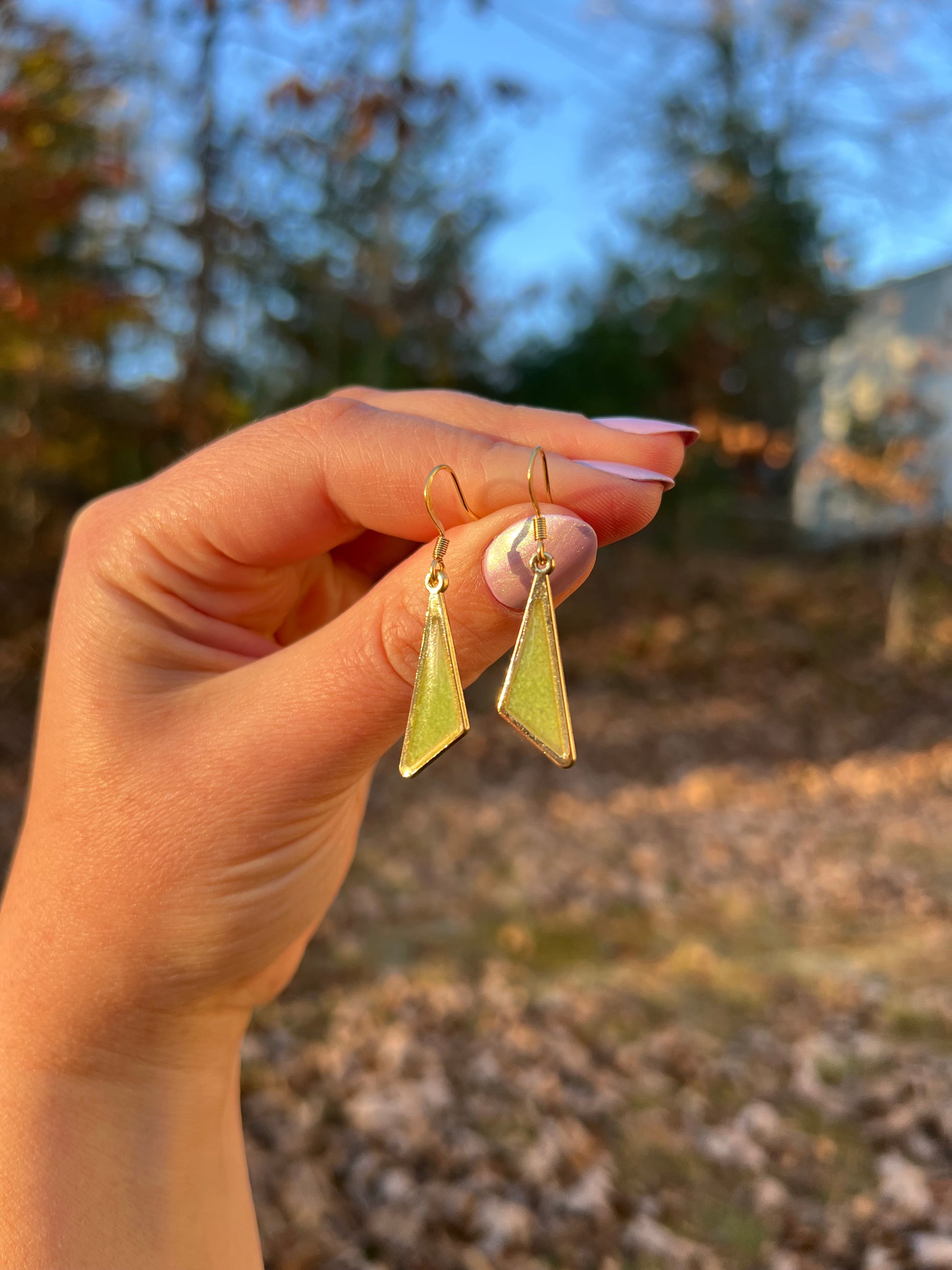 handmade petite lime green triangular earrings