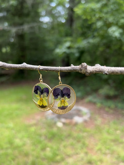 Pansy Bloom Brass Circle Earrings